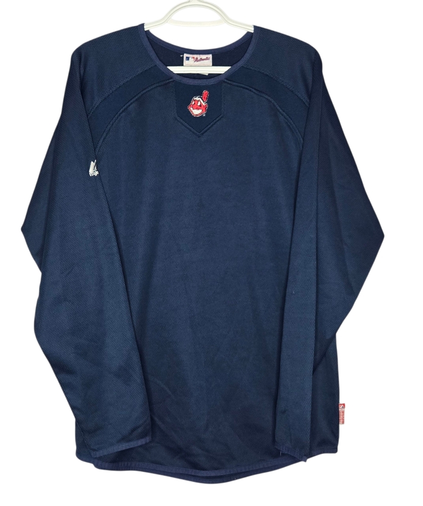 Majestic Chief Wahoo Shirt Mens L Blue Raglan Embroidered Indians Baseball MLB